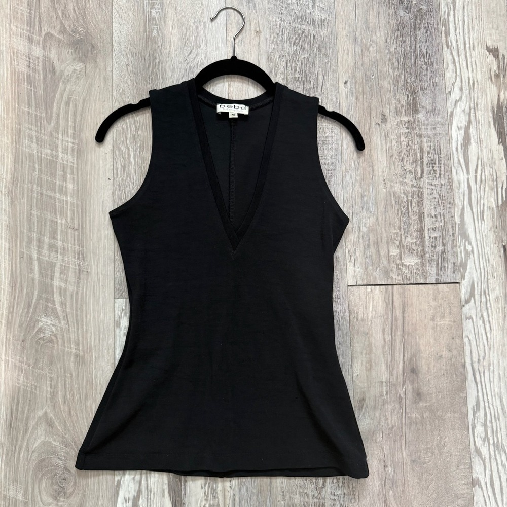 Vintage BEBE MODA Deep V Neck Tank Top Women' M Black Sleeveless Fitted